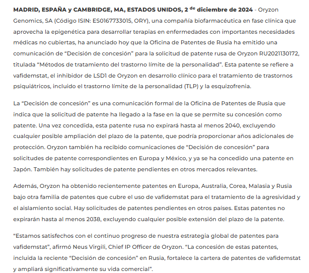 JCPF_Carlos's tweet photo. #ORYZONGENOMICS #ORYZON #ORY
🚨 De cara a #PORTICO #FASEIII #FDA #EEUU
✍️ORYZON continúa fortaleciendo su cartera de patentes para vafidemstat.
