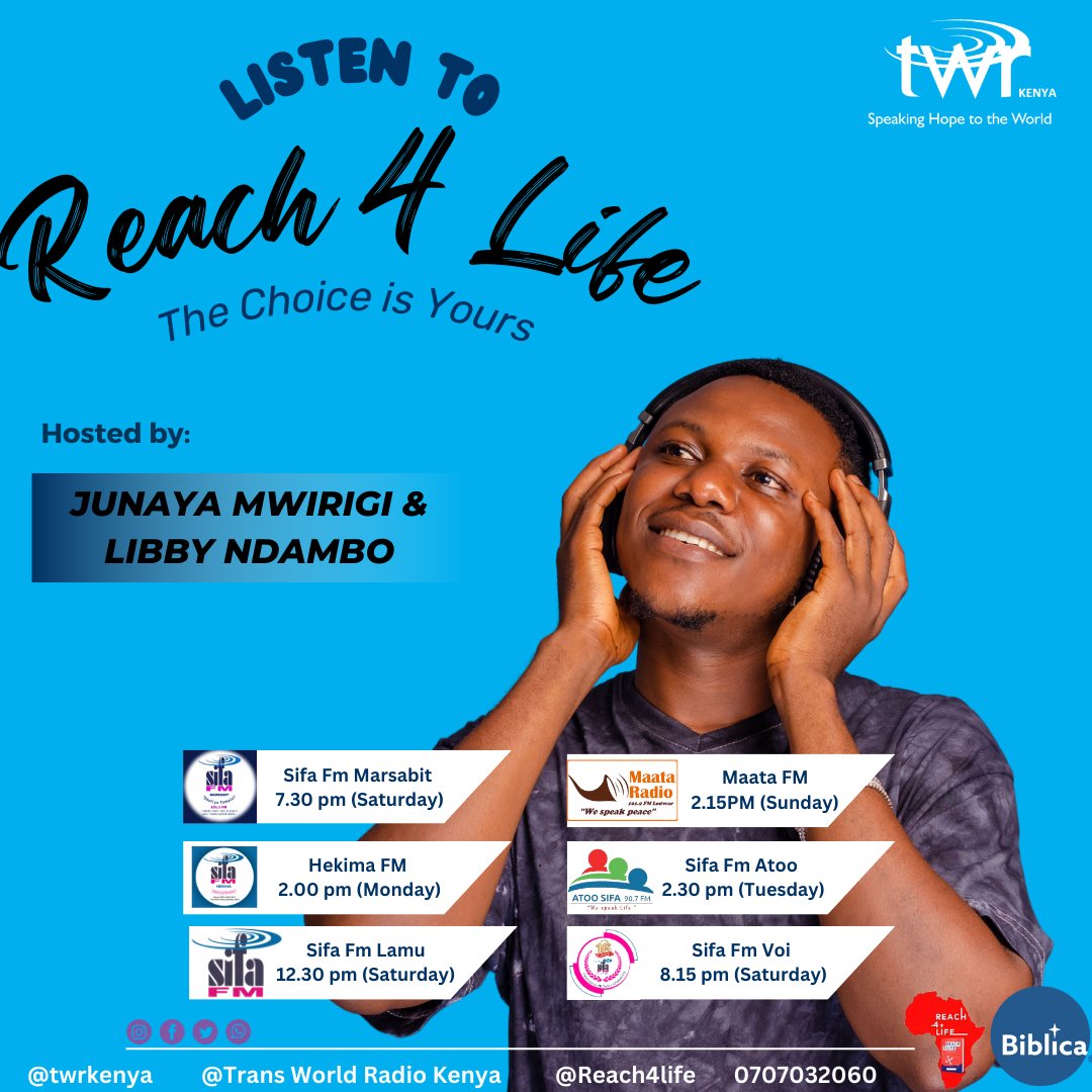 twrkenya's tweet photo. 🎧 Listen to Reach 4 Life—The Choice is Yours! 🌟
Reach 4 Life is a program designed to uplift the youth and guide them through challenges with hope and encouragement.
Tune in on your favorite Sifa FM stations for life-changing conversations.
#Reach4Life #YouthEmpowerment https://t.co/E7M4QMSPax