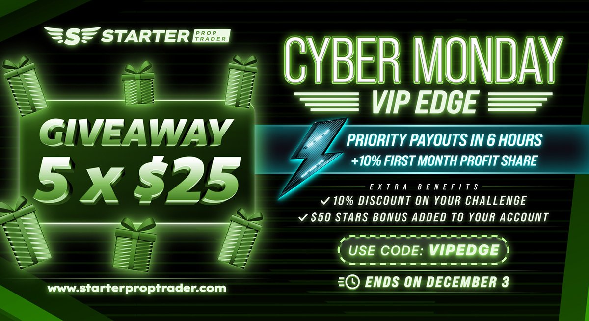 Starter Prop Trader (@starter_prop) on Twitter photo ⚡️ Starter Prop Trader Cyber Monday Giveaway! ⚡️
Unlock VIP Edge - faster payouts, bigger earnings, and exclusive rewards—don’t miss out!
💎 Follow: @starter_prop <a href="/marketing_spt/">Marketing Starter 🎯</a>
💎 Register: bit.ly/4eLv8Nl
💎 Like, Repost & Tag 3 Friends
🗓️ Ends Dec 17th ⚡️ Starter Prop Trader Cyber Monday Giveaway! ⚡️
Unlock VIP Edge - faster payouts, bigger earnings, and exclusive rewards—don’t miss out!
💎 Follow: @starter_prop <a href="/marketing_spt/">Marketing Starter 🎯</a>
💎 Register: bit.ly/4eLv8Nl
💎 Like, Repost & Tag 3 Friends
🗓️ Ends Dec 17th