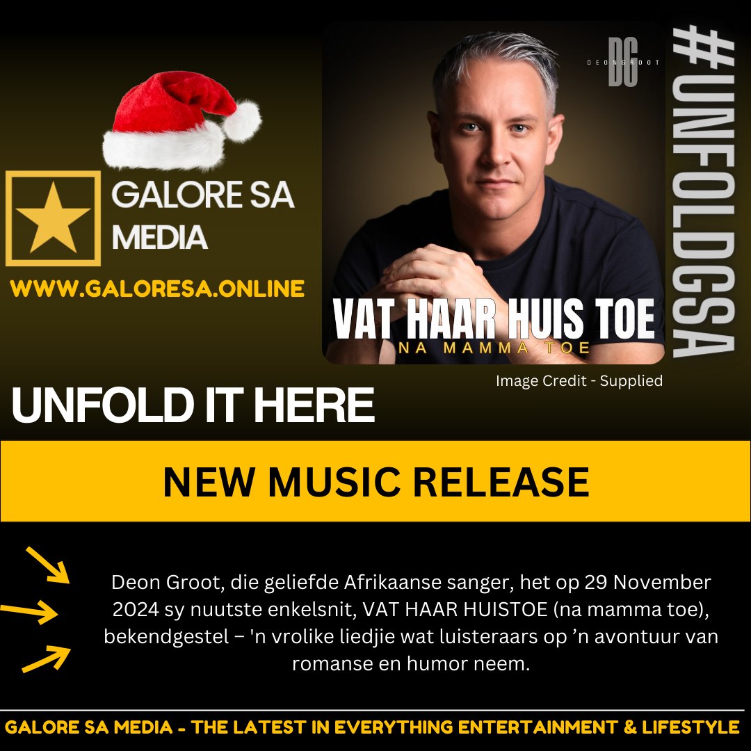 Deon Groot, die geliefde Afrikaanse sanger, het op 29 November 2024 sy nuutste enkelsnit, VAT HAAR HUISTOE (na mamma toe), bekendgestel – 'n vrolike liedjie wat luisteraars op ’n avontuur van romanse en humor neem.

Ontvou Hier:
galoresa.online/gu2p

Of gaan na