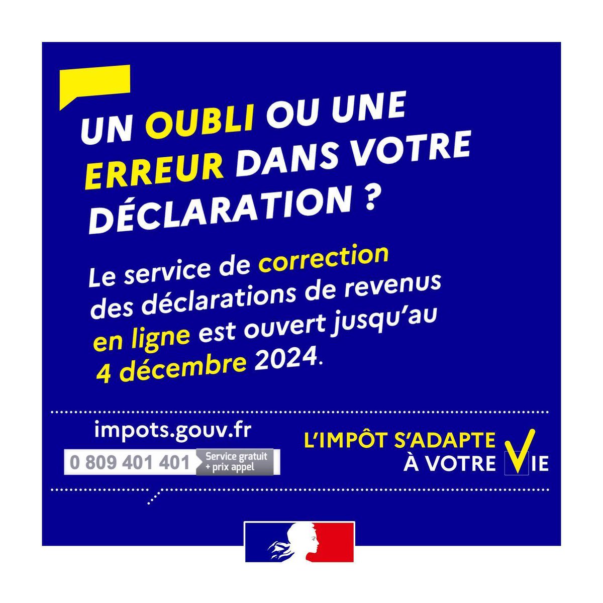 Ministère de l'Économie et des Finances (@economie_gouv) on Twitter photo #Impôts | Vous avez constaté un oubli ou une erreur sur votre déclaration de revenus ?
🔎 Le service de correction des déclarations en ligne est disponible jusqu'au 4 décembre 2024.
Plus d'infos 👉economie.gouv.fr/particuliers/c…
Cc <a href="/dgfip_officiel/">Direction générale des Finances publiques</a> #Impôts | Vous avez constaté un oubli ou une erreur sur votre déclaration de revenus ?
🔎 Le service de correction des déclarations en ligne est disponible jusqu'au 4 décembre 2024.
Plus d'infos 👉economie.gouv.fr/particuliers/c…
Cc <a href="/dgfip_officiel/">Direction générale des Finances publiques</a>