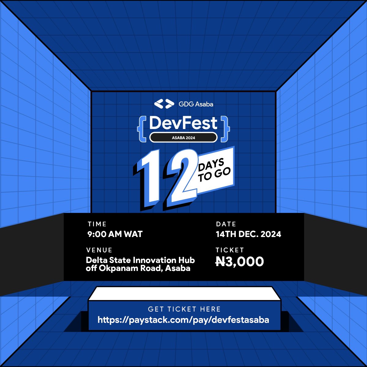 🚀 12 Days to Go!

Are you ready to ignite your tech journey at #DevFestAsaba2024?

What to expect:

• Tech conversations
• Hands-on workshops
• Networking with developers
• Meet &amp; greet with startup founders

Tickets &amp; registration: paystack.com/buy/gdg-asaba-…