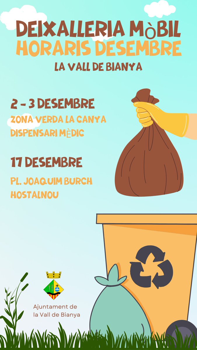 valldebianya_aj's tweet photo. Avui i demà, trobareu la deixalleria mòbil del @CCGarrotxa a la zona verda de la Canya, davant del dispensari mèdic. #reciclem #fentpoble #ordre #sigma https://t.co/O1U5Cr9u0Q