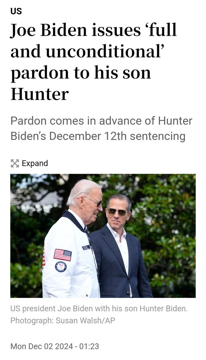 caulmick's tweet photo. Joe Biden issues ‘full and unconditional’ pardon to his son Hunter
The decision marks a reversal for Biden, who has repeatedly said he would not use his executive authority to pardon his son or commute his sentence.
#HowAmericaWorks
https://t.co/qxinDeQmqL https://t.co/Nrrl5pIfJv