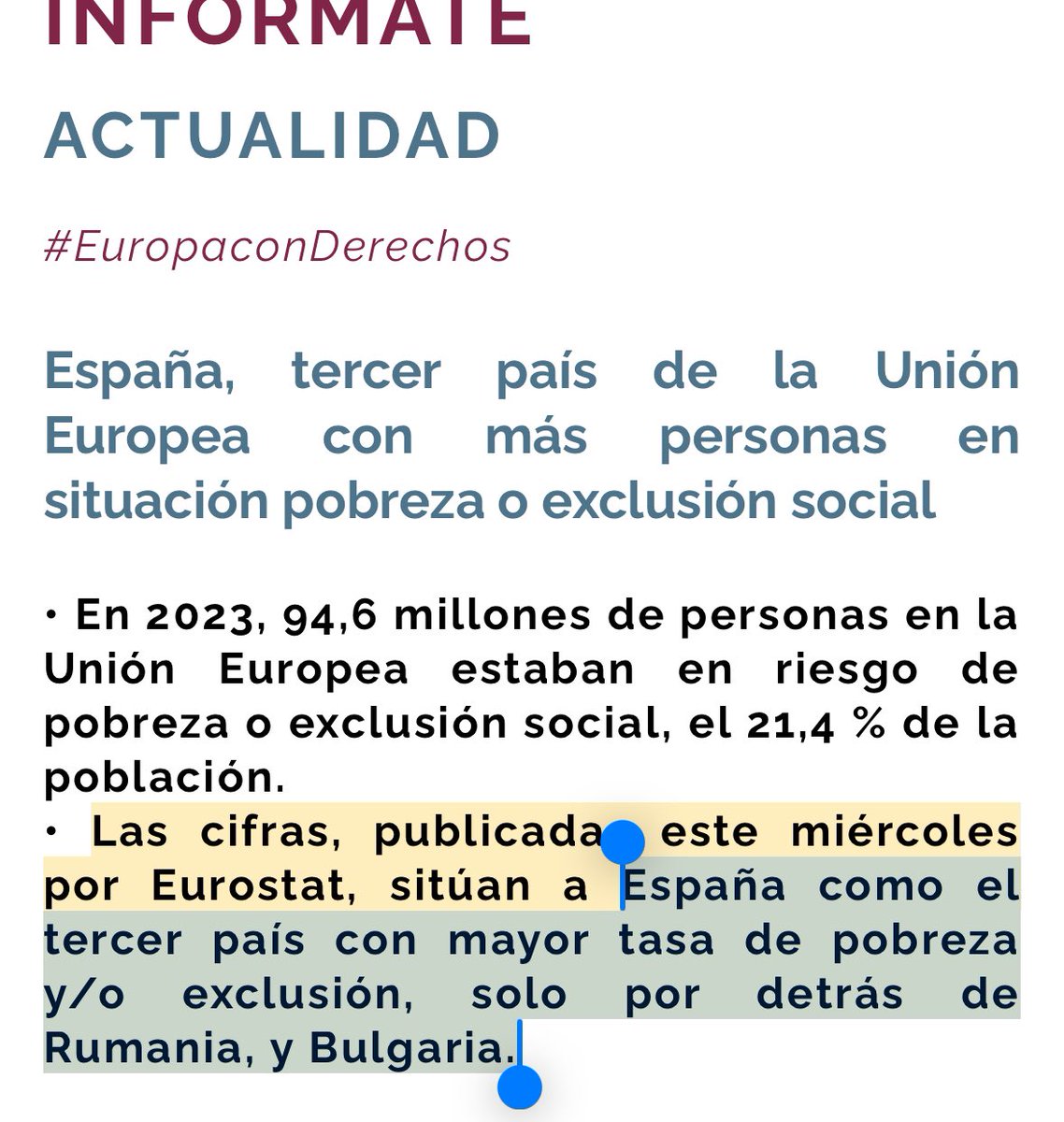 El congreso del PSOE me ha hecho recordar el gran éxito de nuestro gobierno: según Eurostat, España es el tercer país con mayor tasa de pobreza y/o exclusión, solo por detrás de Rumania, y Bulgaria.