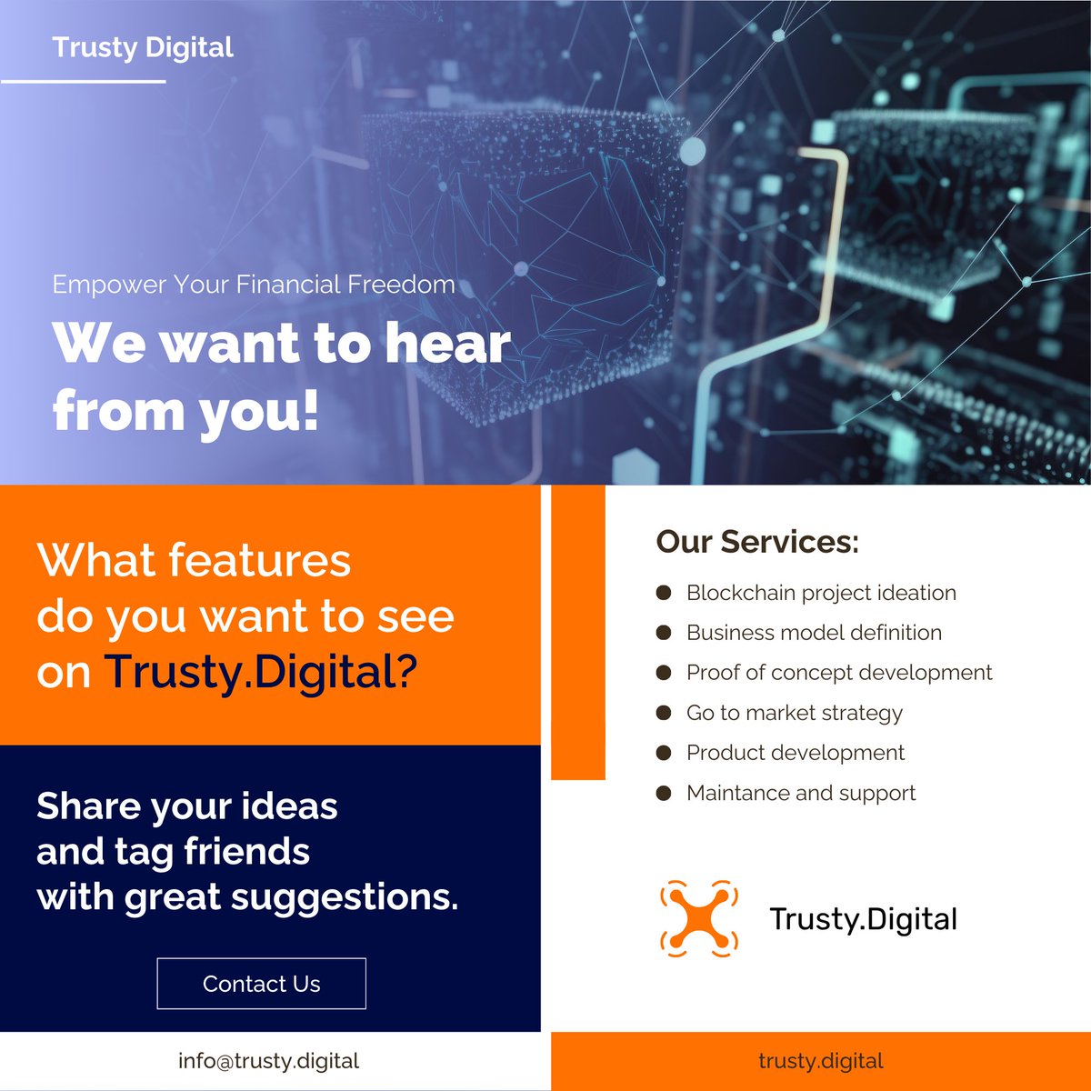 DigitalTrusty's tweet photo. 🌟 We want to hear from you!
What features do you want to see on Trusty Digital? Share your ideas and tag friends with great suggestions. Your opinion matters, and together, we can create something incredible! 💬 #Innovation #TokenizationPlatform #CommunityIdeas #Algorand