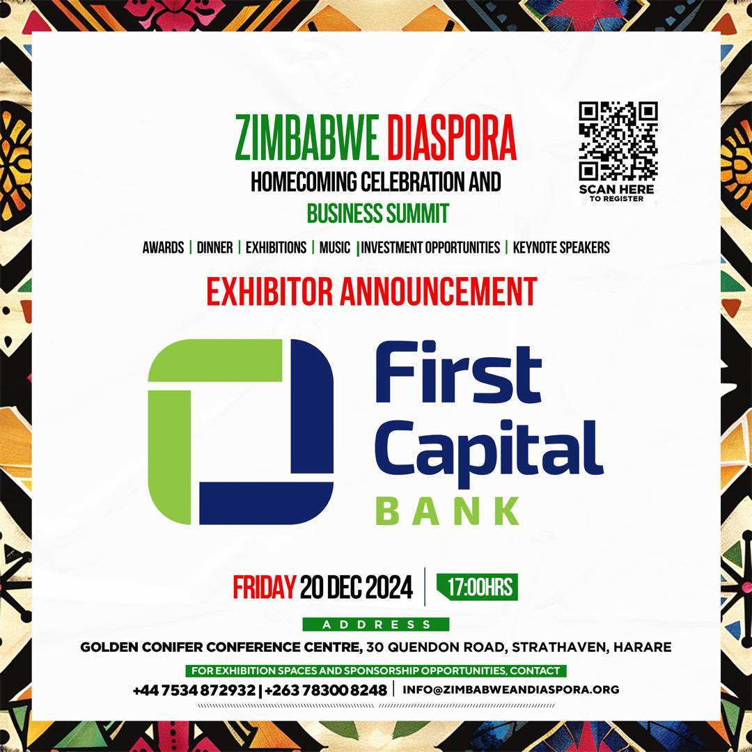 e are excited to announce that First Capital Bank will be showcasing their customized financial products tailored for the diaspora at the Zimbabwe Diaspora Homecoming Celebration and Business Summit!
#firstcapitalbank #westprop #KenSharpe