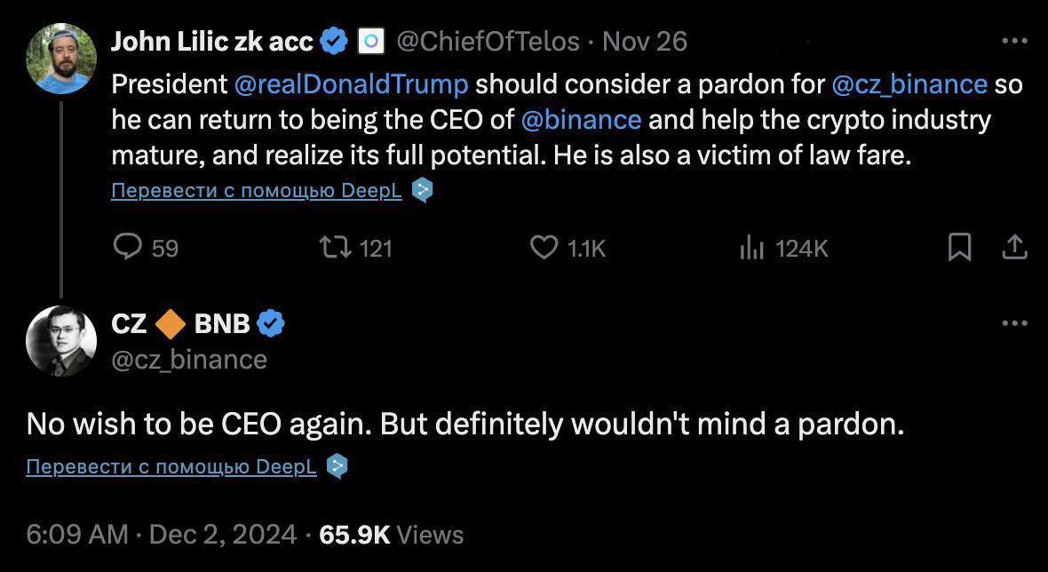 CoinsGyan's tweet photo. 😥 Trump was asked to pardon Binance’s former CEO and reinstate him

CZ’s response? 
No plans to return to Binance, but I’ll take the pardon

The man knows his priorities https://t.co/eBWDthsUdA