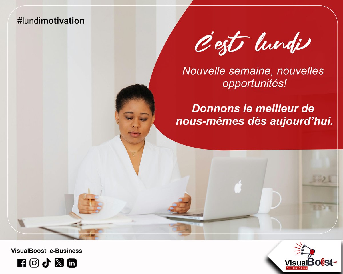 Visualboost_eB's tweet image. 𝗖&apos;𝗲𝘀𝘁 𝗹𝘂𝗻𝗱𝗶

Nouvelle semaine, nouvelles opportunités ! 

Donnons le meilleur de nous-mêmes dès aujourd&apos;hui.

 #MarketingDigital