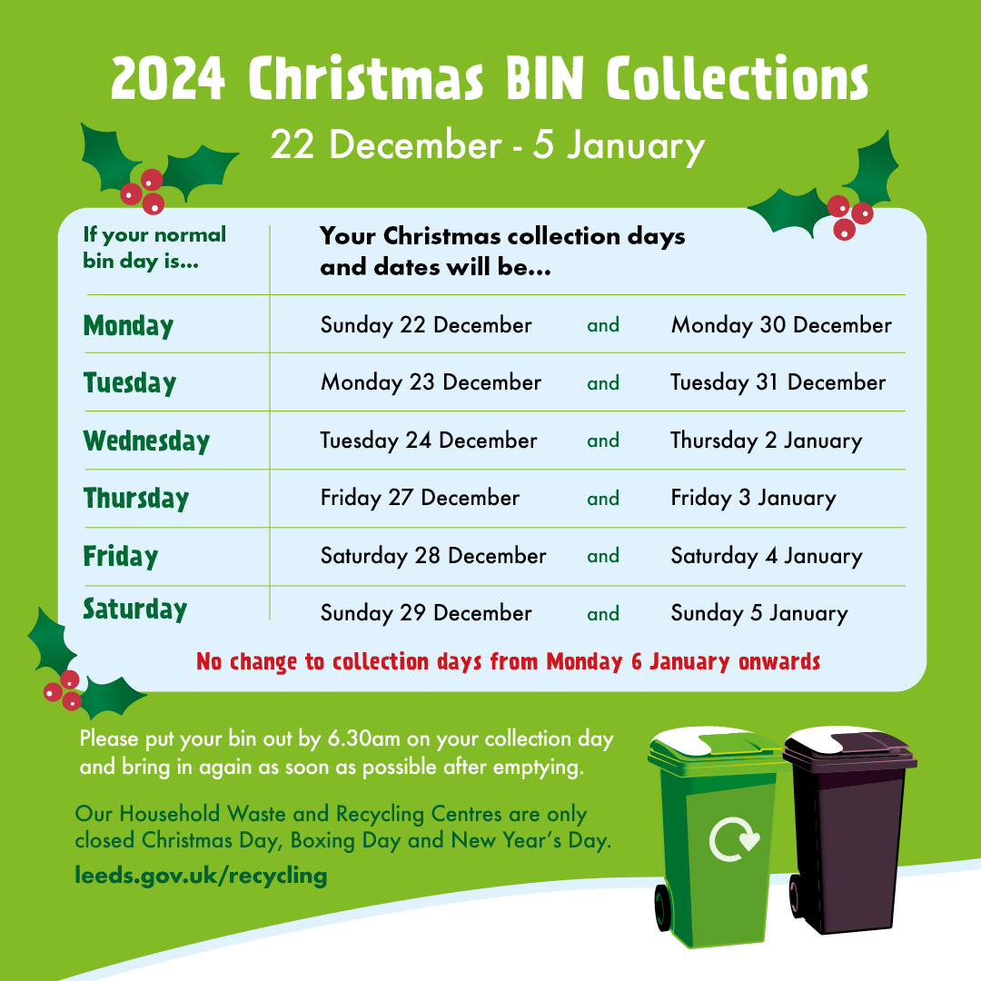 ♻️🎅IMPORTANT CHRISTMAS BIN-FORMATION🎅♻️ Collection days change between 22 Dec-5 Jan. Check your bin days at leeds.gov.uk/xmasbins or download the Leeds Bins app. Normal scheduled collection days return from 6th Jan.  Look out for your revised Xmas bin-day leaflet in the post!