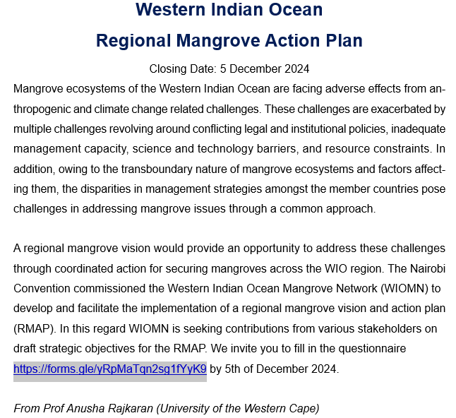 Contribute to the Western #IndianOcean Regional #Mangrove Action Plan!

Threats from climate change &amp; human activities need a unified response. Help protect vital ecosystems! Fill out the questionnaire: forms.gle/yRpMaTqn2sg1fY…
<a href="/WIO_MangroveNet/">Western Indian Ocean Mangrove Network</a> #WIO
