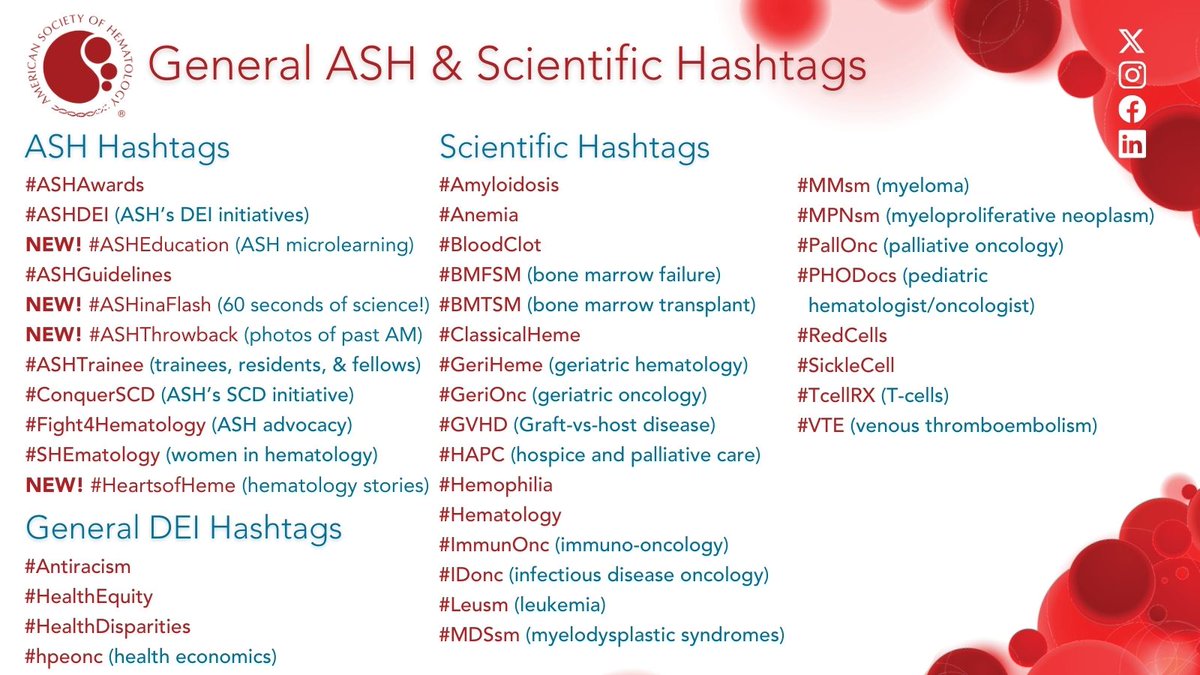 ASH_hematology's tweet photo. Make the most of your #ASH24 experience, whether you're joining us in San Diego or virtually! Follow along using these hashtags.
#ASHKudos #ASHRunWalk #ASHaiku #ASHAwards #ASHDEI #ASHEducation #ASHGuidelines #ASHinaFlash #ASHThrowback #ASHTrainee #ConquerSCD #Fight4Hematology https://t.co/h92IMaGUeB