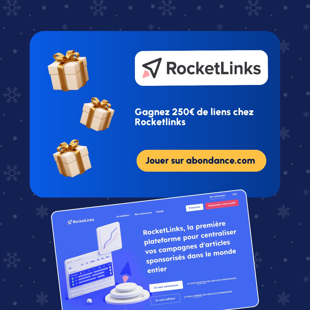 Jour 3 - Calendrier de l'Abondance 🎄

Gagnez 250€ de liens sur <a href="/RocketLinks_net/">RocketLinks</a> : 110 000 médias internationaux, accompagnement par 30 experts😎

Pour participer, on vous explique tout sur la case 3👉abondance.com/calendrier-abo…