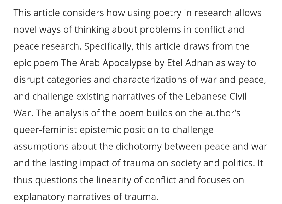 New article by <a href="/a_delatolla/">Dr Andrew Delatolla</a> entitled 'Listening to the Stories People Tell: Poetry as Knowledge Disruption on the Lebanese Civil War' in the Journal of Intervention and Statebuilding special issue on Peace in Plural: Towards Decolonial and Feminist Peace. Many congratulations! 👏🏼