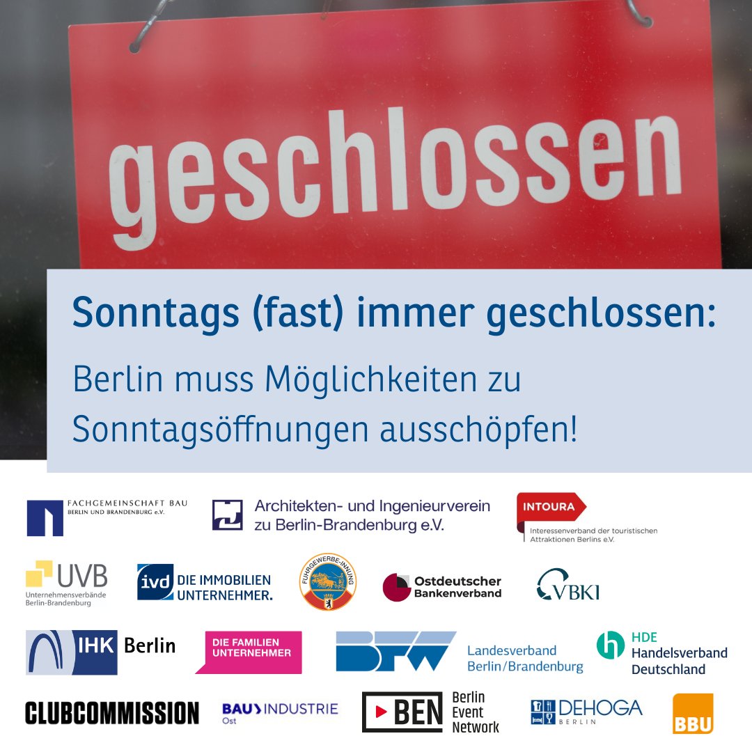 Sonntags (fast) immer geschlossen: Berlin muss Möglichkeiten zu Sonntagsöffnungen ausschöpfen! 🛍️🌆Das fordern wir gemeinsam mit der IHK Berlin und dem Runden Tisch der Berliner Wirtschaft. ihk.de/berlin/presse/…