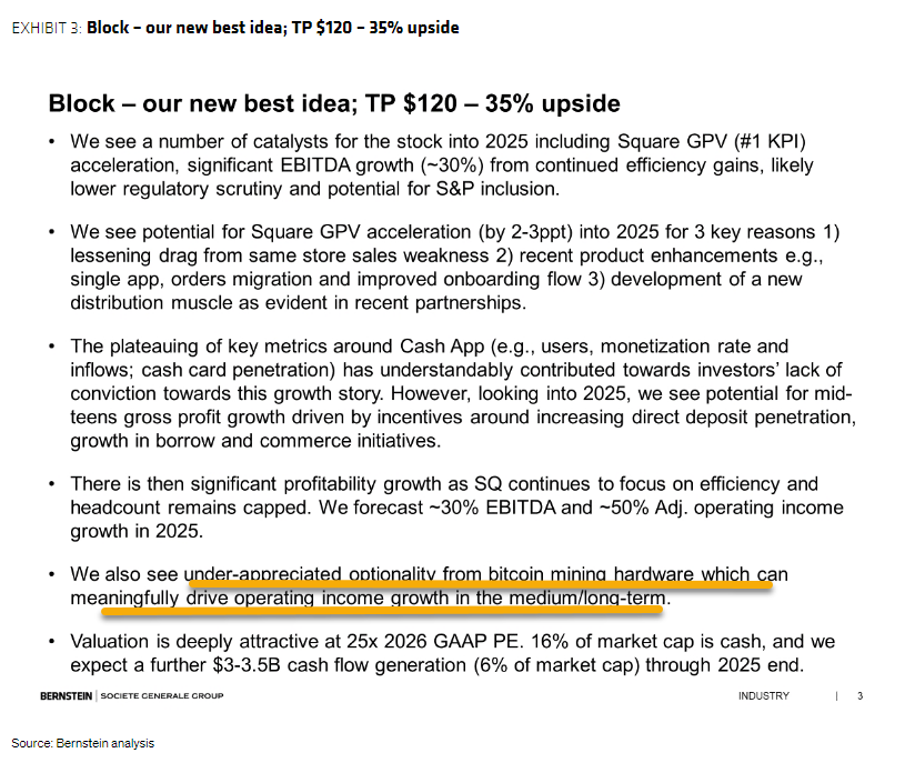 matthew_sigel's tweet photo. Bernstein: "Block (SQ) is our new best idea...We see under-appreciated long-term optionality from Bitcoin mining where SQ appears to be unique (in the US and in a new regulatory environment) in its access to 3nm chip."

Stock trades at 25x 2026 PE w/ 16% of market cap in cash. https://t.co/PhWFd0XWPr