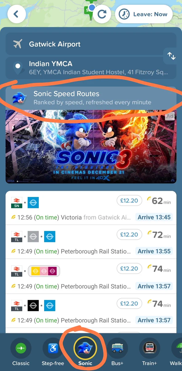 Screenshot of the City Mapper app.  There is an algorithm option called "Sonic" which is described as "Sonic Speed Routes

Ranked by speed, refreshed every minute"