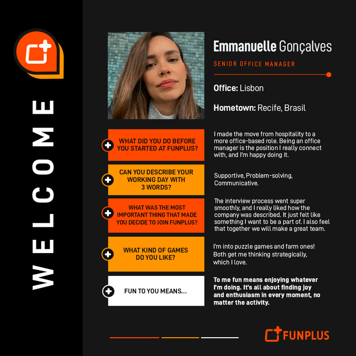 FunPlusGames's tweet image. 🎉 Welcome aboard the FunPlus family, Emmanuelle Gonçalves! She&apos;s our new Office Manager for the Lisbon office 🌟  

What brings you joy at work? 😊  #FunPlus #FunPlusPeople #NewHire #Welcome #StudioEllipsis