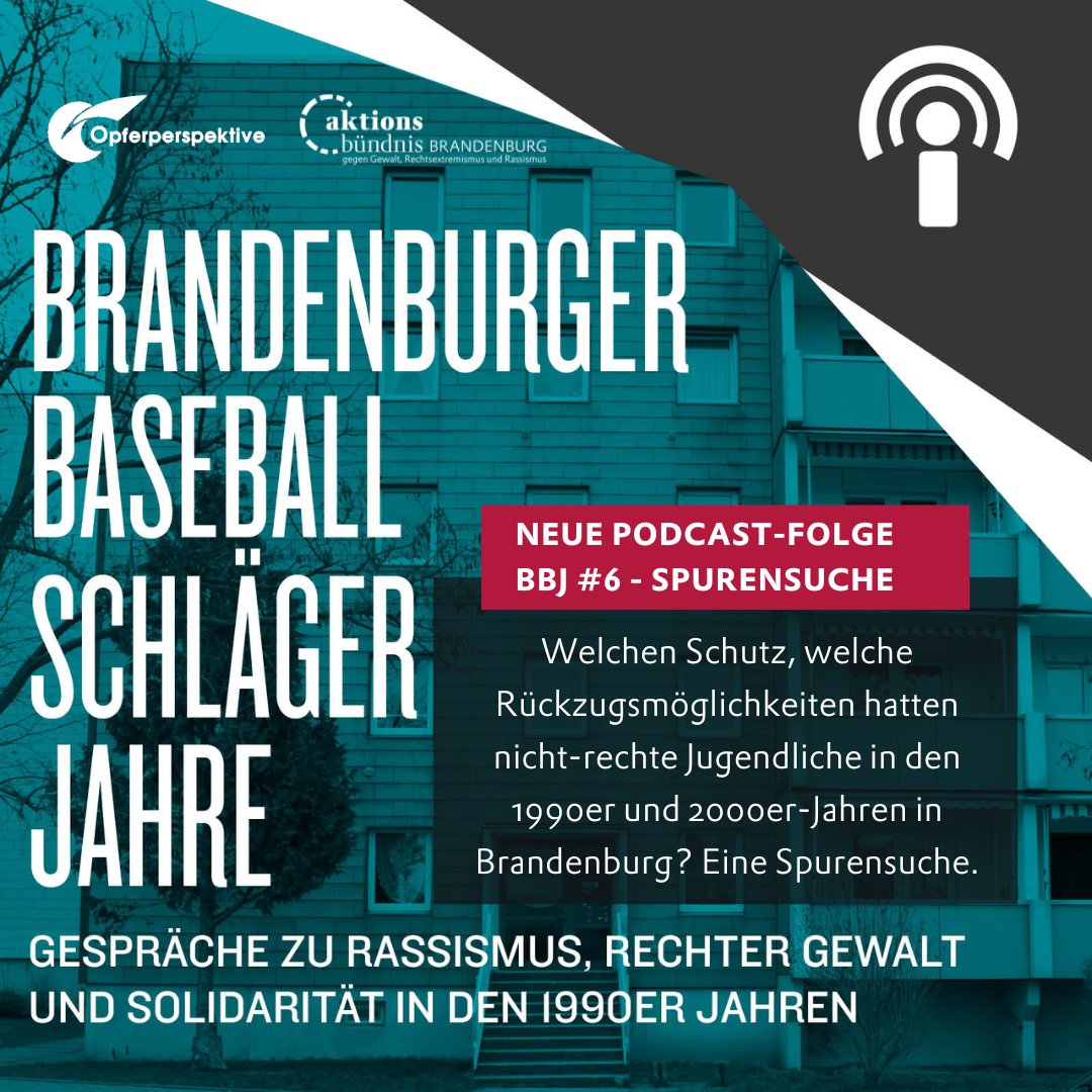 Neue Podcast-Folge: BBJ #6 - Spurensuche

Welchen Schutz, welche Rückzugsmöglichkeiten hatten nicht-rechte Jugendliche in den 1990er und 2000er-Jahren in #Brandenburg? Wir begeben uns in #Lauchhammer &amp; #Neuruppin auf Spurensuche: aktionsbuendnis-brandenburg.de/neue-podcastfo… 

#baseballschlägerjahre