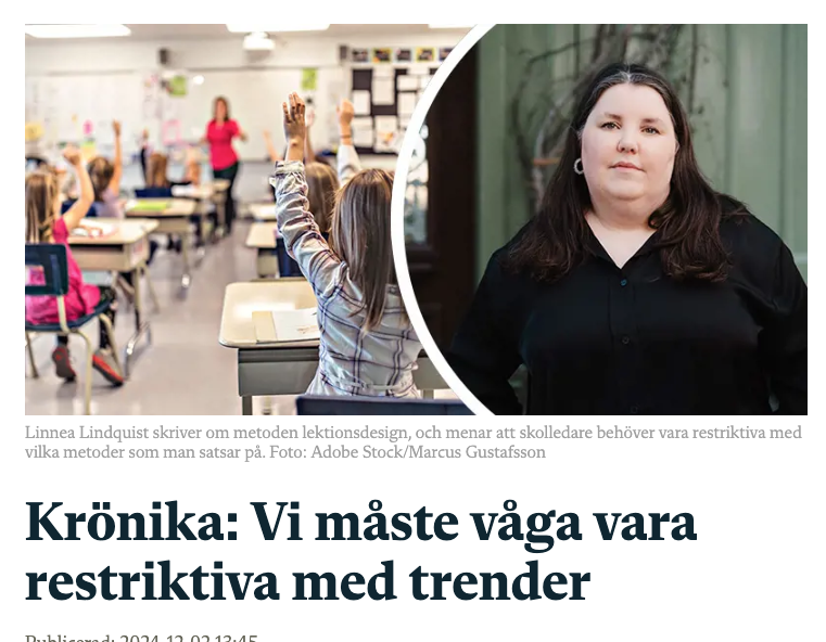 ”Vår uppgift är att säkerställa att alla metoder som släpps in i klassrummen grundas på den samlade vetenskapen om hur barn lär sig. Därför måste vi skolledare våga vara restriktiva med trender”, skriver <a href="/rektor_linnea/">Linnea Lindquist</a> Lindquist.

skolledaren.se/aktuellt/nyhet…