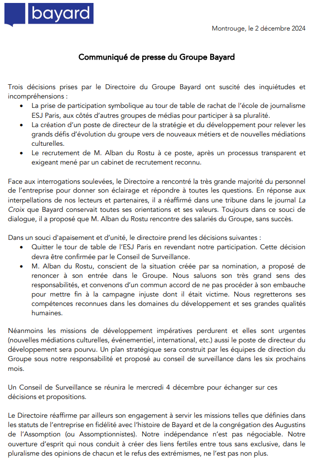 SNJ_national's tweet photo. Le groupe @Bayard rétropédale, la mobilisation a payé !!! 
La direction annonce : 
➡️ quitter le "tour de table" de l'ESJ Paris 
➡️ renoncer à embaucher M. Alban du Rostu comme directeur stratégie &amp; développement 
RESTONS MOBILISÉS ! 
✊️✊️✊️ https://t.co/XjlSBKkvYH