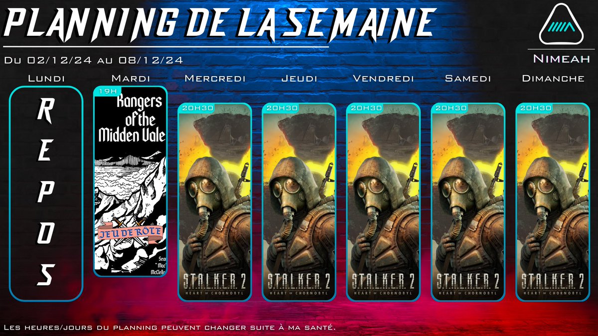 On va faire un peu de renouveau cette semaine sur le planning !

Déjà on se voit mardi sur Rangers chez <a href="/lubu_wei/">Lubuwei</a> avec @Jack0fS et <a href="/Silkinael/">SilkinaelTV</a> donc bonheur/20

MAIS un peu de changement avec du #STALKER2 du Mercredi à Dimanche !

Je vous en prie ça me fait plaisir !

La biz !