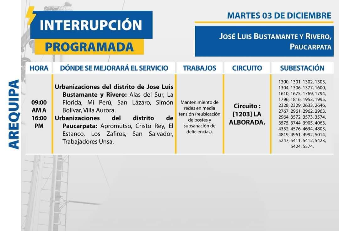 ArequipaMetropo's tweet image. #ATENCION 🚨||| #InterrupciónProgramada🔌
🗓 MARTES 0️⃣3️⃣ DE DICIEMBRE
⚡Trabajos en el suministro eléctrico en algunas zonas de:
José Luis Bustamante y Rivero, Paucarpata, Santa Rita de Siguas [Provincia de #Arequipa]
Verifica si serás afectado con tu número de subestación (SE)
