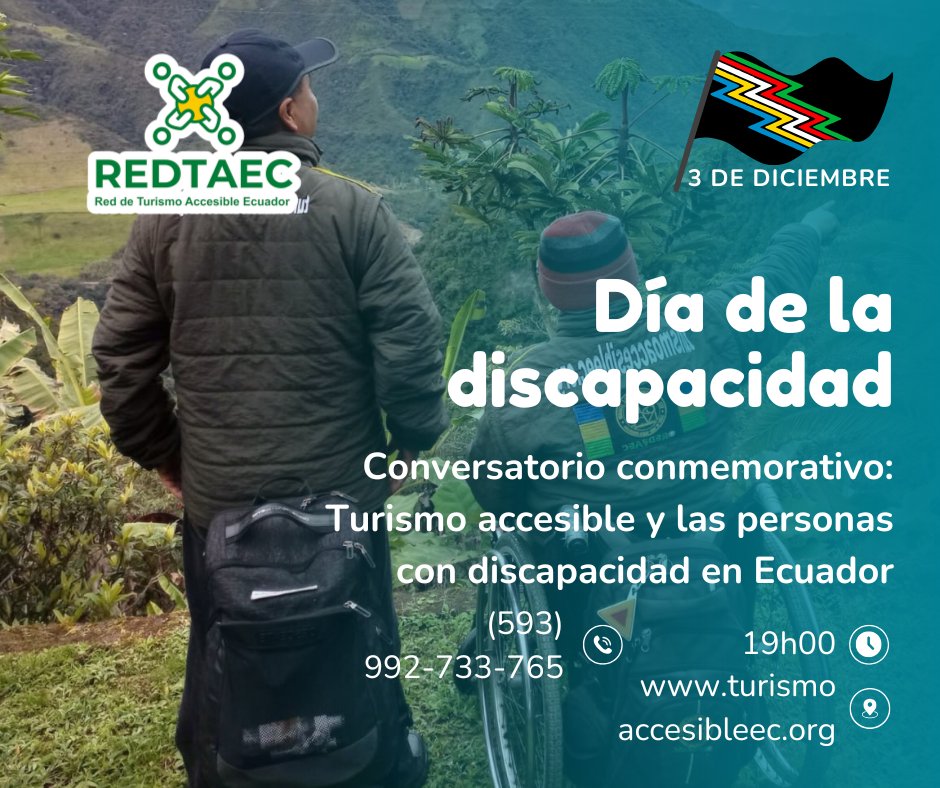 ¡Nuevo evento Virtual! Conversatorio conmemorativo: Turismo accesible y las personas con discapacidad en Ecuador #redtaEC 
Sortearemos un viaje de #iRoutes para los participantes. Evento gratuito.

📅 3 de diciembre
⏲ 19h00 Ecuador (UTC -5)
🔗 Registro: turismoaccesibleec.org/2024/11/29/dia…