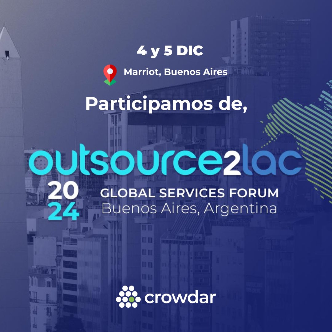 🌎 Crowdar estará presente en #Outsource2LAC 2024

Nos sumamos al foro de outsourcing más importante de #LATAM y el Caribe para conectar con empresas que buscan servicios de calidad de software y CloudOps.

¿Hacemos match? ❤️📆Hablemos en las sesiones B2B y B2G.

#Crowdar