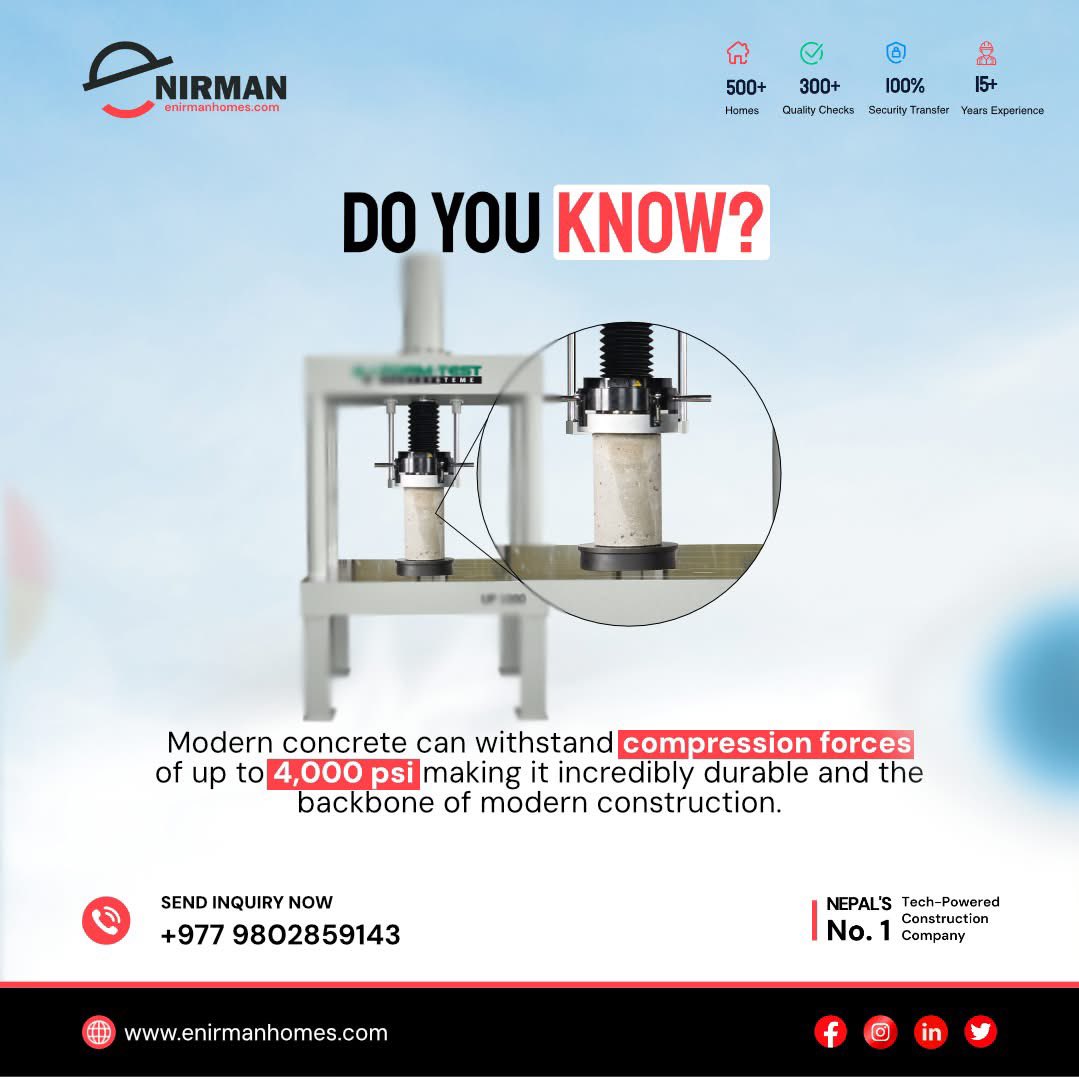Enirman_tech's tweet photo. Do you know?
Modern concrete can withstand compression forces of up to 4000 PSI! 
𝙍𝙚𝙖𝙘𝙝 𝙤𝙪𝙩 𝙩𝙤 𝙪𝙨 𝙩𝙤𝙙𝙖𝙮!  
📞 +977 9802859143  
📧 𝙝𝙚𝙡𝙡𝙤@𝙚𝙣𝙞𝙧𝙢𝙖𝙣.𝙘𝙤𝙢 
#ModernConstruction #ConcreteFacts #ChooseEnirman #DreamHomes #strongfoundations #enirmanhomes https://t.co/VyVxjDvHdz