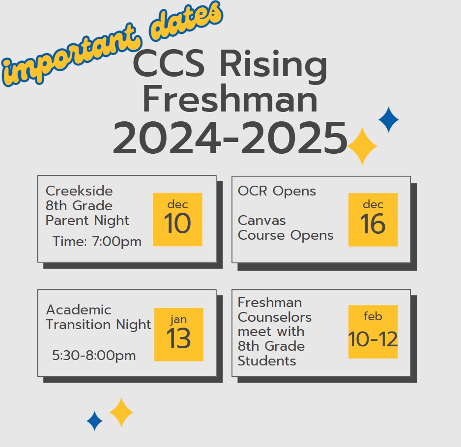 Hello 8th grade families! Check out this information about the transition to high school: docs.google.com/document/d/16G…  <a href="/Principal_CRM/">Steven Pelych</a> <a href="/CreeksidePTO/">Creekside Middle School PTO</a>  <a href="/crmactivities/">Creekside Activities</a>