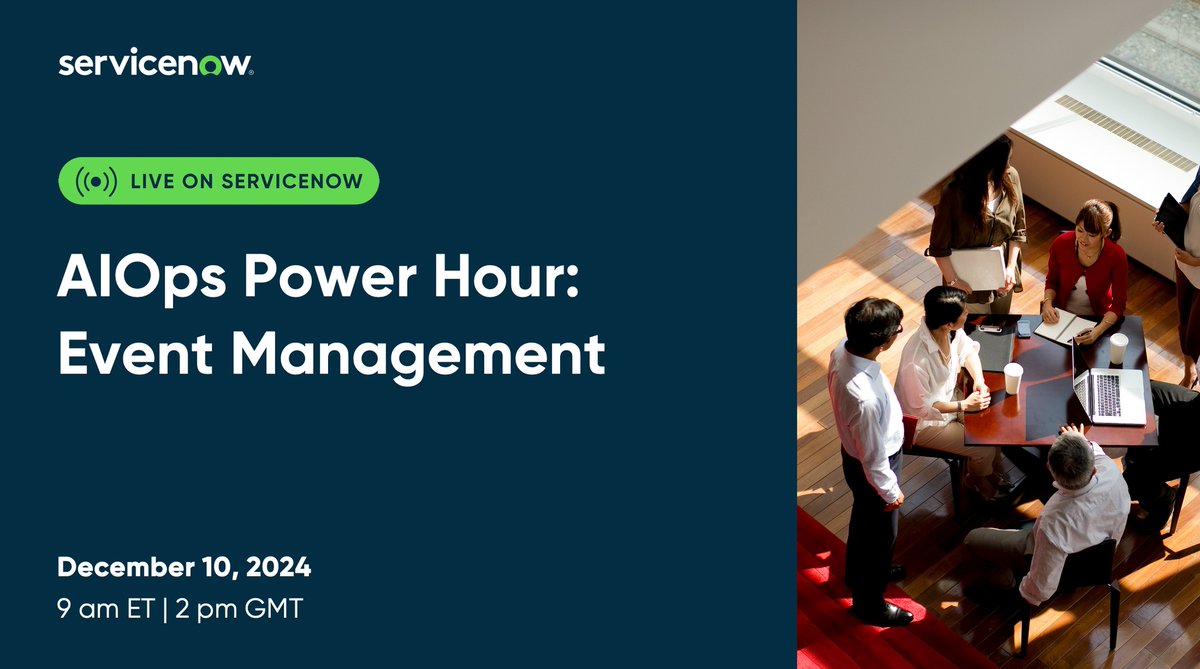 mlbelvin's tweet photo. If ServiceNow ITOM AIOps is new to you (or you need a refresher) join this webinar to learn from ITOM experts as they dive deep into various AIOps topics. Register here: https://t.co/2eRnGcDYI6 https://t.co/EDixZkiFrH