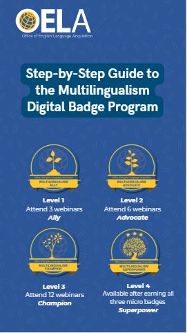 ASKNCELA1's tweet image. New Release 🌟 #OELA has dropped a tutorial video on the Multilingualism Digital Badge Program! The badge is awarded to those who display a strong commitment to advocating for #multilingualism in their work or educational settings. 

Watch the video: ow.ly/7rHK50UeZCp