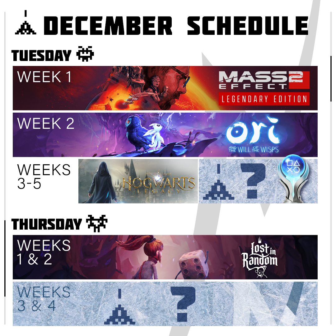 NotTheBestCo's tweet photo. It's time for the holidays and the year's end.  So what have we got going this month?  The usual mixed in with a hectic mix of games to finish out the month.  Even I do not know what I'm doing, but maybe some long overdue Platinum trophies are in order.

#NotTheBest https://t.co/PoPuFKBfpn