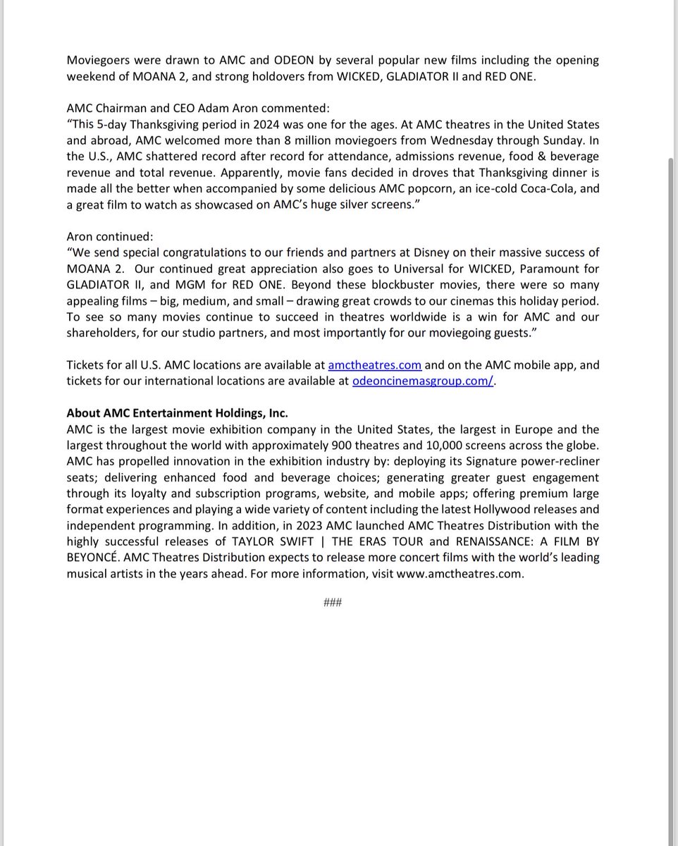 In the U.S. and abroad, more than 8.8 MILLION MOVIEGOERS enjoyed our theatres at AMC over the Thanksgiving holiday Wednesday through Sunday.