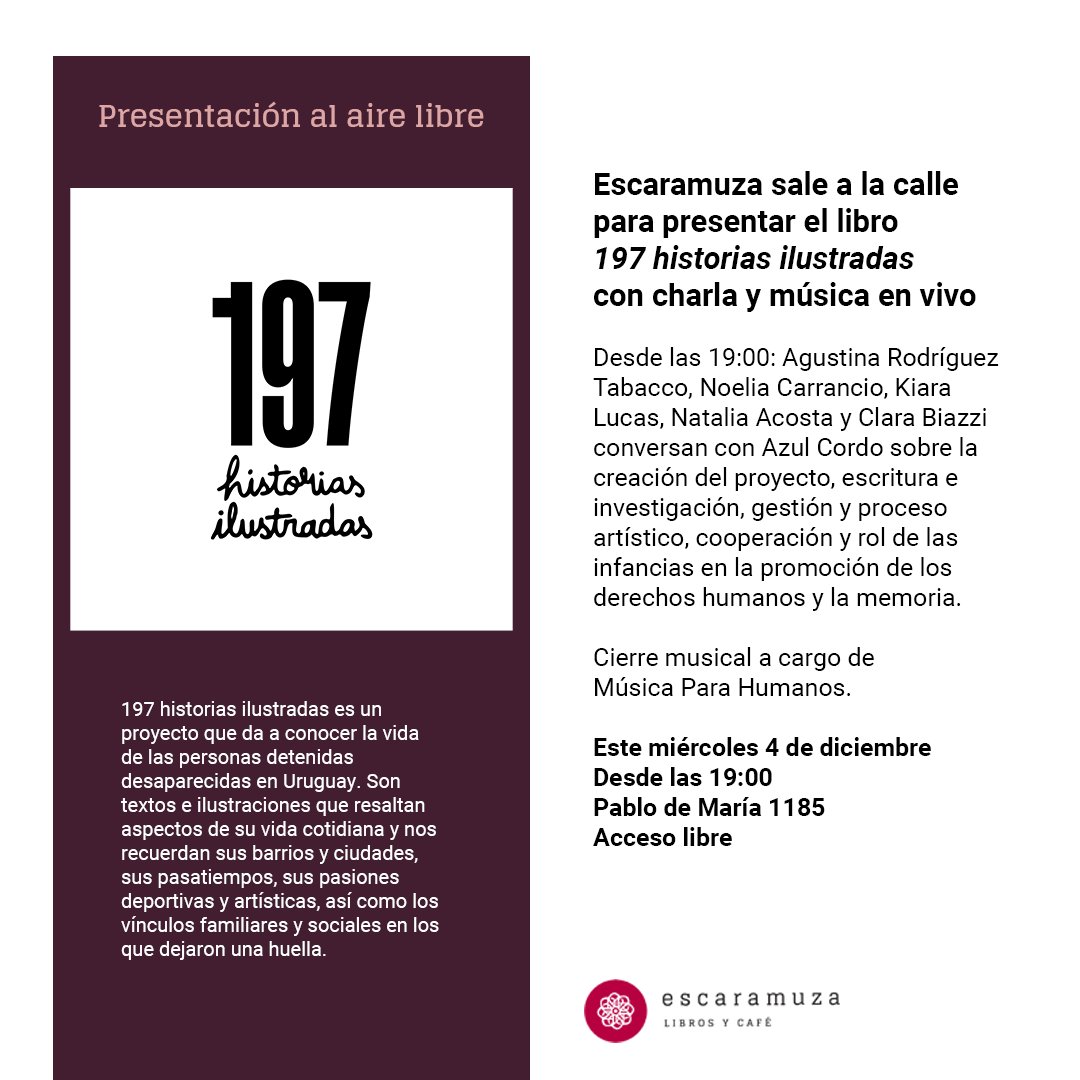 Escaramuza (@_escaramuza) on Twitter photo Este miércoles 4 salimos a la calle a presentar el libro 197 historias ilustradas. La invitación es desde las 19:00 y tendremos charla y música en vivo a cargo de <a href="/musica_humanos/">Música Para Humanos</a> Acceso libre y gratuito. Este miércoles 4 salimos a la calle a presentar el libro 197 historias ilustradas. La invitación es desde las 19:00 y tendremos charla y música en vivo a cargo de <a href="/musica_humanos/">Música Para Humanos</a> Acceso libre y gratuito.