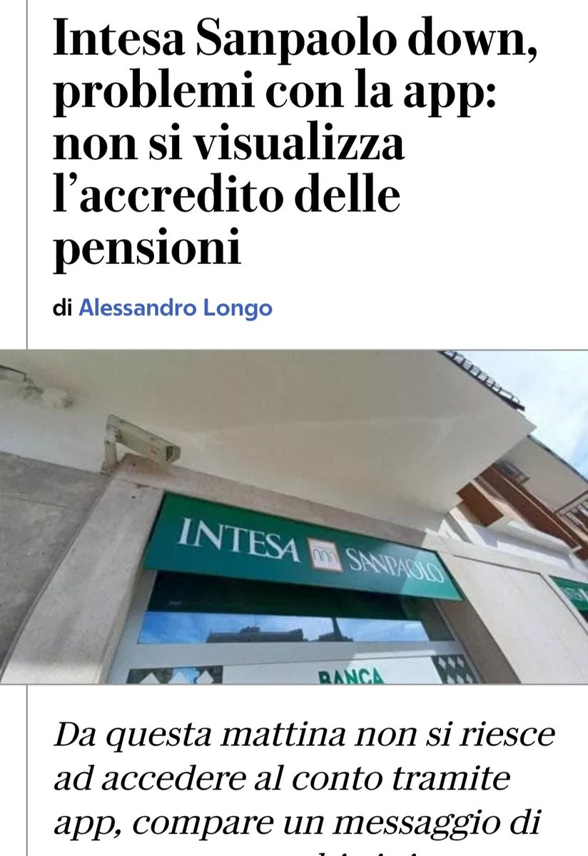 🟡 🇮🇹 CONTI CORRENTI ONLINE BLOCCATI 👀
Dopo i bancomat di due grandi istituti bloccati la settimana scorsa, oggi è la maggiore banca italiana che non mostra gli accrediti di stipendi e pensioni 🫣. Compare un messaggio di errore e non si possono eseguire operazioni dai conti