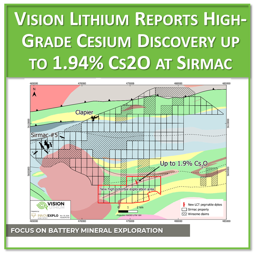 visionlithium1's tweet photo. The discovery of high-grade cesium mineralization from pegmatite outcrops on its Sirmac property located 40 km west of Sayona’s Moblan lithium deposit. These cesium assay results are amongst the highest ever reported in the province of Québec. 
https://t.co/lUvgF8FtZa
#lithium https://t.co/fPpLGkLWCP