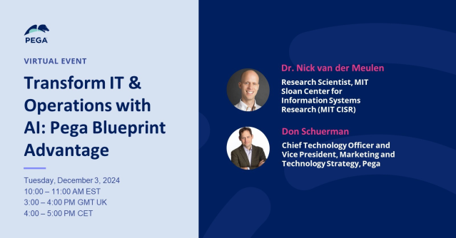 In today’s digital world, IT &amp; Operations leaders seek innovative solutions to boost efficiency, cut costs, and drive growth. Join this webinar with MIT CISR to see how #AI is revolutionizing these functions and how Pega Blueprint can help you leverage AI pe.ga/3VkcWmK