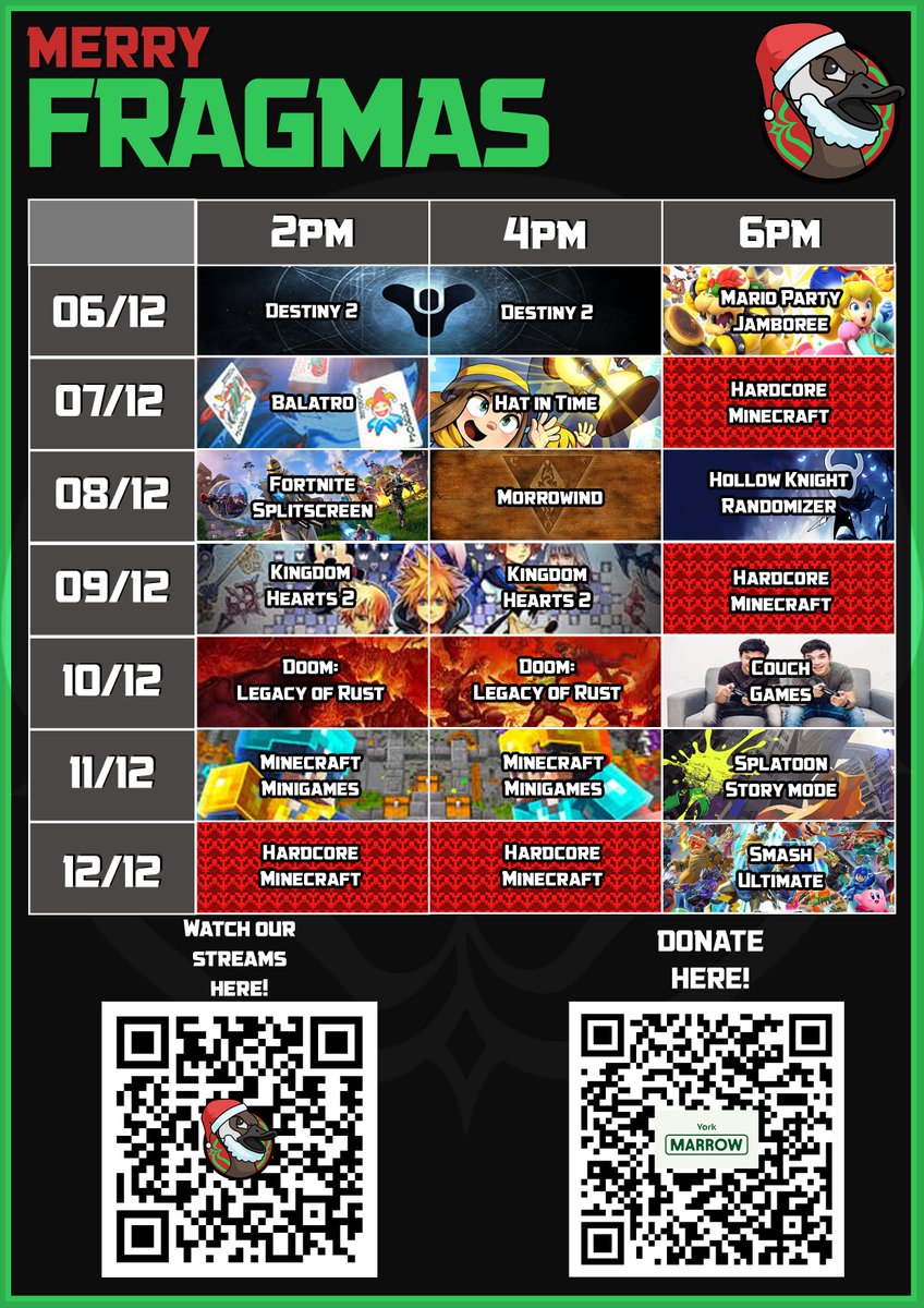 FragSoc's tweet image. Merry Fragmas!
Starting from this Friday we will be having a week of charity streams partnering with York Marrow Society, raising money to help people with blood cancer. We will be streaming everyday between Friday 6th and Thursday 12th over at twitch.tv/fragsoc.
