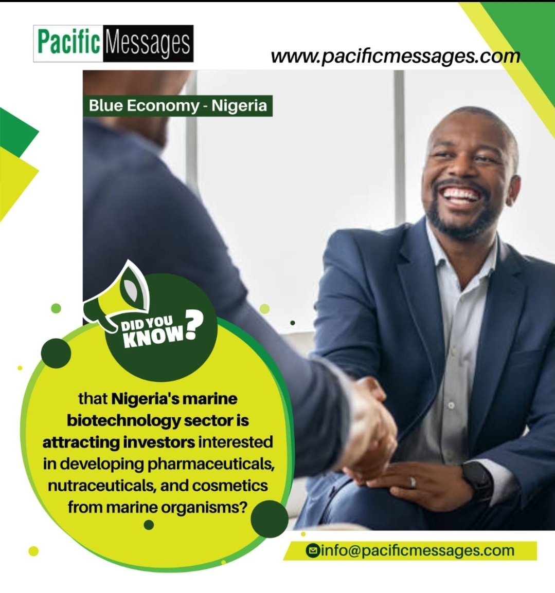 Did You Know that Nigeria’s marine biotechnology sector is attracting investors interested in developing pharmaceuticals, and cosmetics from marine organisms?

<a href="/GboyegaOyetola/">Adegboyega Oyetola</a> 
<a href="/FMoMBENigeria/">Federal Ministry of Marine and Blue Economy</a> 
<a href="/CustomsNG/">NIGERIA CUSTOMS</a>
<a href="/nimasaofficial/">NIGERIAN MARITIME ADMNISTRATION & SAFETY AGENCY</a>
<a href="/nigerianports/">Nigerian Ports</a>

#BlueEconomy #sustainability #capitalvast