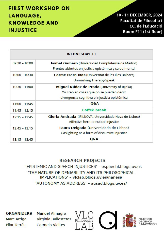 🌞The next week, the Workshop on 'Languaje, knowledge and injustice' will take place at the University of Valencia.

⬇️⬇️⬇️
