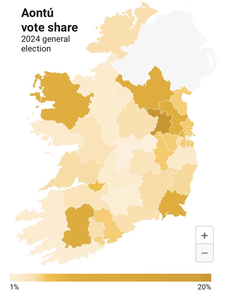 AONTÚ 🟧 vote share across the 43 constituencies in the republic 🗳️ 

A lot more areas shaded than 2020! 👊 📈