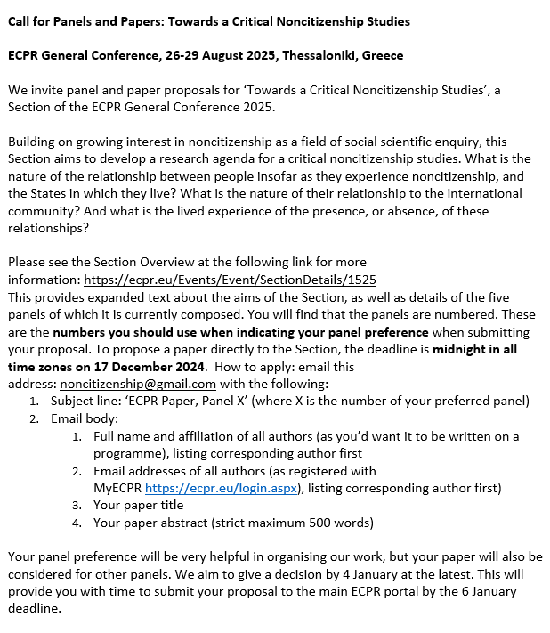 finn_vicki's tweet photo. CfP for ECPR 2025! I'm leading Panel 3: *Noncitizenship and the Performance of Citizenship* in the section of Tendayi Bloom &amp; Katie Tonkiss : https://t.co/O8dp8sv1Y0

Deadline: 17 Dec 2024 (midnight, all time zones)
Email the required details to noncitizenship@gmail.com 👇👇 https://t.co/inLkLcyLtZ
