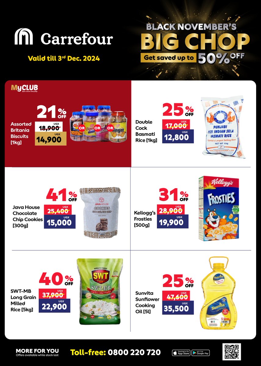 CarrefourUG's tweet photo. Deals Extension Alert!
Our shelves are still packed with #C4BlackNovember deals until 3rd December.
Visit any Carrefour supermarket to shop for electronics, beverages, snacks, food, and so much more!

#GetSaved #GreatMoments @MajidAlFuttaim https://t.co/i4q7tvqZkj