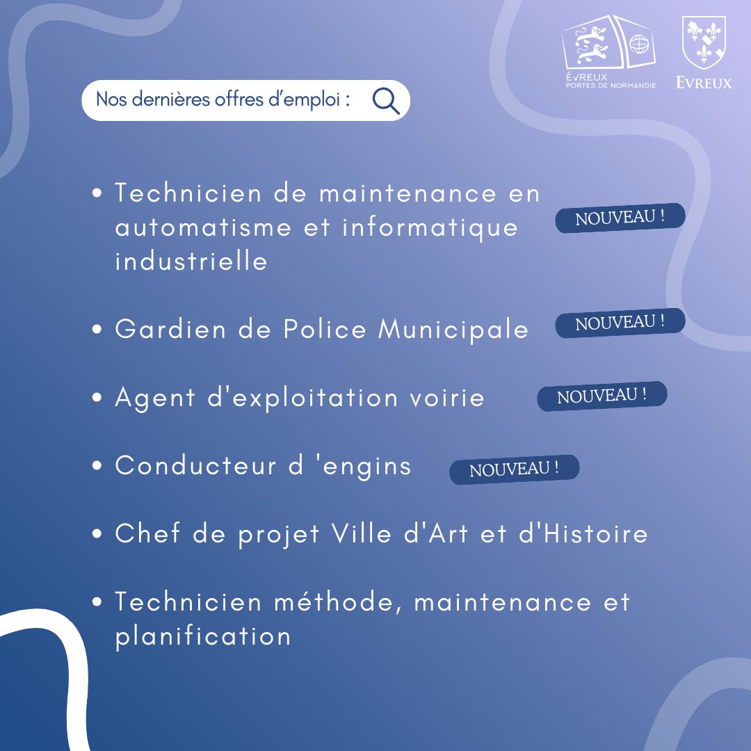 [#EMPLOI]

#Evreux et #aggloevreux recrutent !

&gt; Nouvelles offres : Gardien de Police Municipale / ...

&gt; Offres en cours :
Chef de projet Ville d'Art et d'Histoire /...

👉 Pour postuler, envoyez votre CV et lettre de motivation ⤵️
evreuxportesdenormandie.fr/285-evreux-por…

#offreemploi