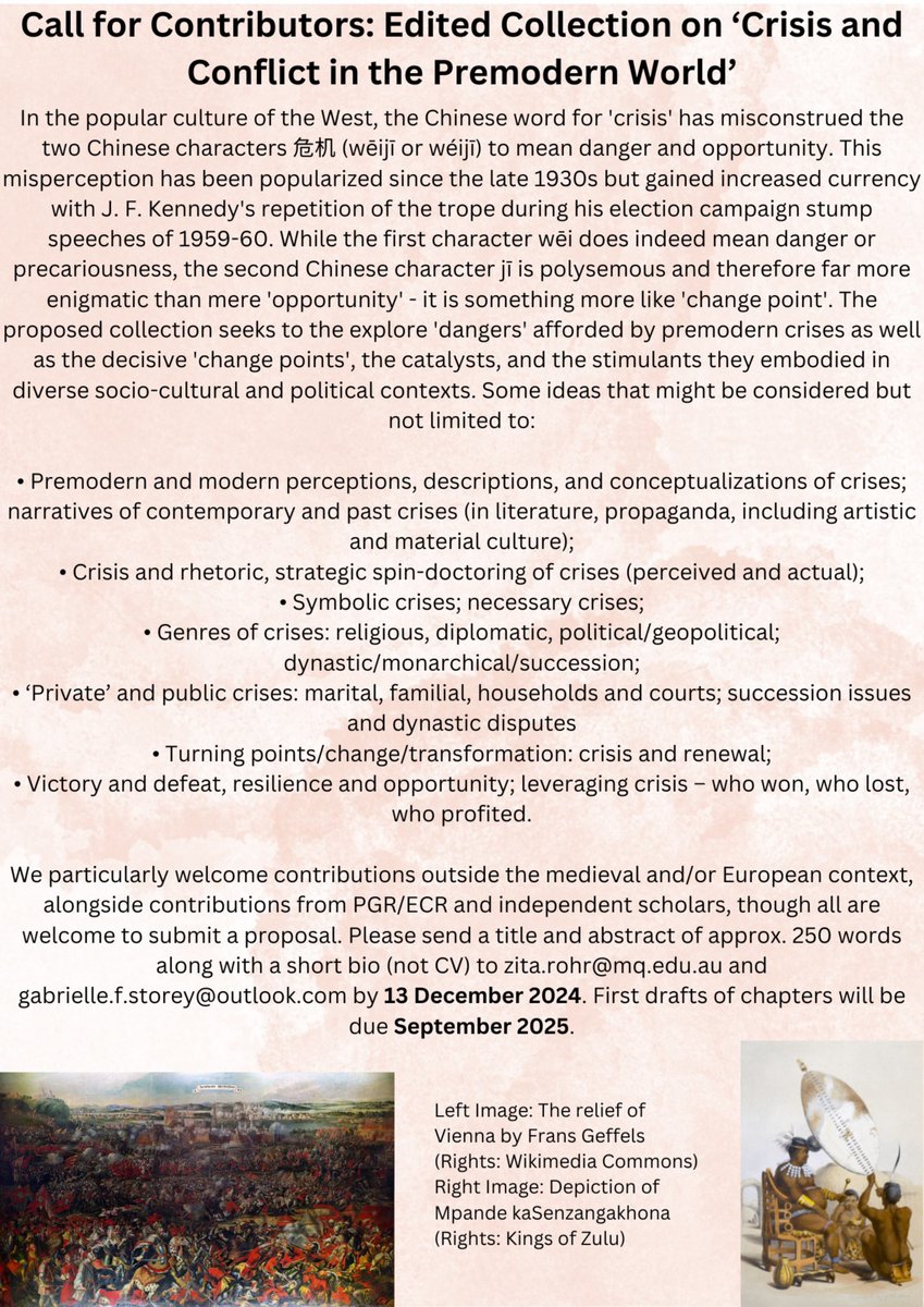 Royal Studies Network (@royalstudies) on Twitter photo Less than 2 weeks to submit your proposal for <a href="/yolandedaragon/">Zita Rohr</a> & <a href="/GabbyStorey/">Dr Gabrielle 'Gabby' Storey 🏳️🌈</a>'s edited collection on "Crisis and Conflict in the Premodern World"! Title, abstract, and short bio (not CV) should be to Zita or Gabrielle by 15 December.
Info and contact details (click to expand)👇 Less than 2 weeks to submit your proposal for <a href="/yolandedaragon/">Zita Rohr</a> & <a href="/GabbyStorey/">Dr Gabrielle 'Gabby' Storey 🏳️🌈</a>'s edited collection on "Crisis and Conflict in the Premodern World"! Title, abstract, and short bio (not CV) should be to Zita or Gabrielle by 15 December.
Info and contact details (click to expand)👇