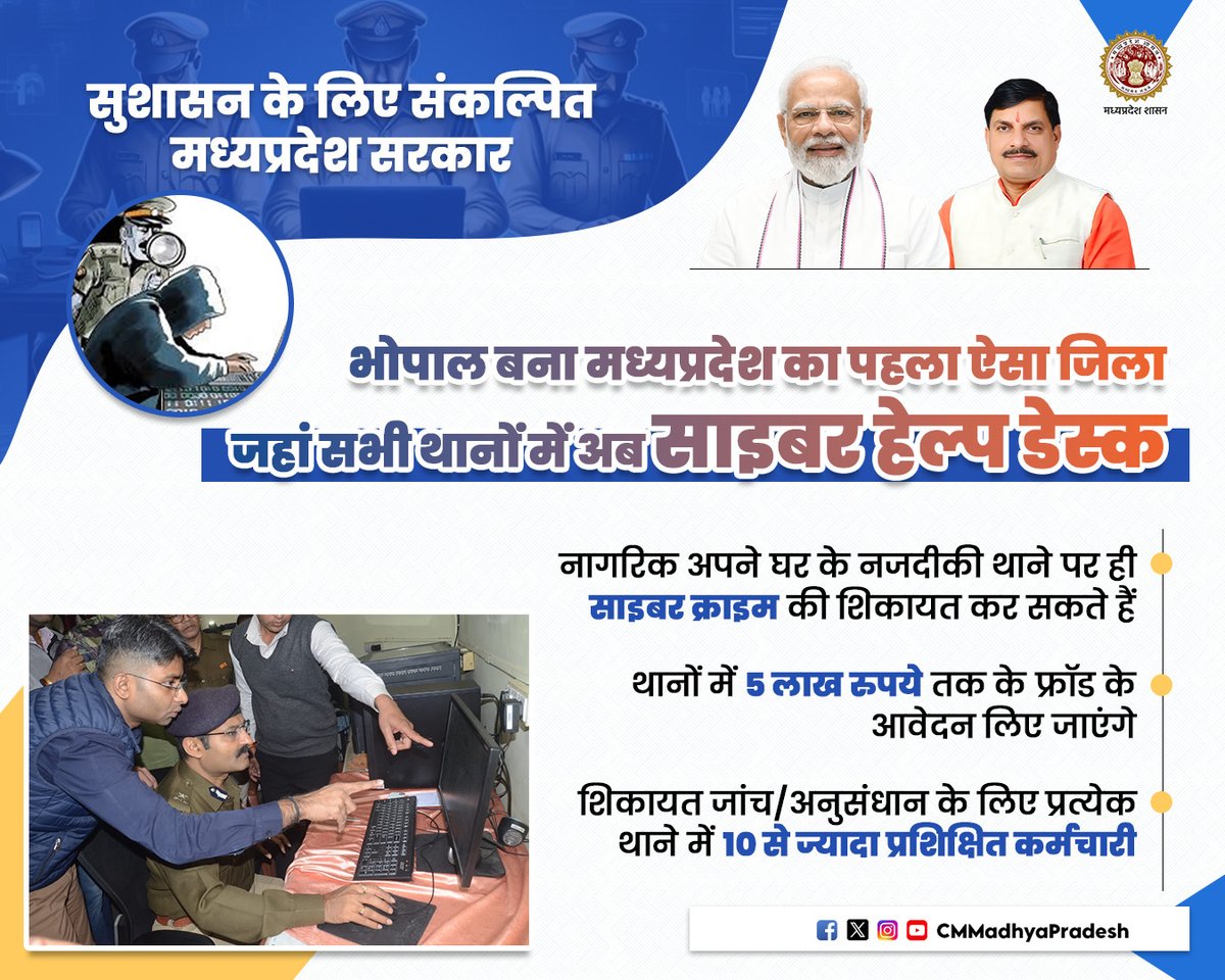 mohdept's tweet image. भोपाल बना मध्यप्रदेश का पहला ऐसा जिला
जहां सभी थानों में अब साइबर हेल्प डेस्क

@DrMohanYadav51  
@MPPoliceDeptt 
 @Cyberdost 
#JansamparkMP 
#cyberhelpdesk 
#BHOPALMP 
#MP