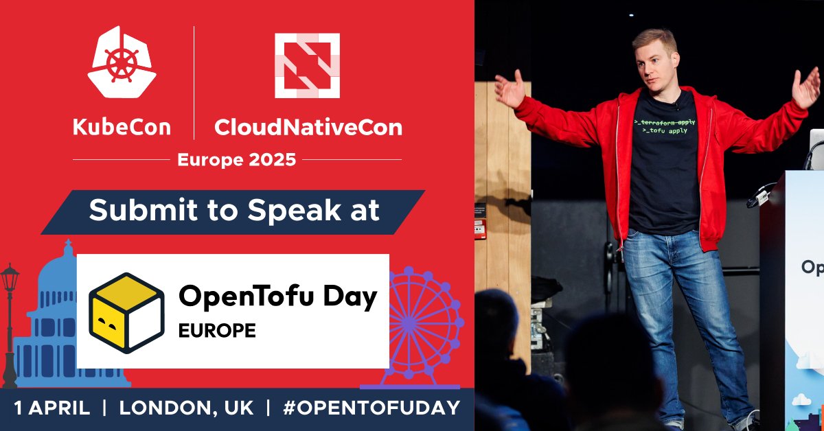 📝 Speak at #OpenTofuDay, 1 April, at #KubeCon + #CloudNativeCon Europe - a dedicated day for the #IaC community! Share your successful migrations, upgrades + usage, #OpenTofu internals, as well as community insights. 

Deadline to submit is 4 December: hubs.ly/Q02Z739Z0