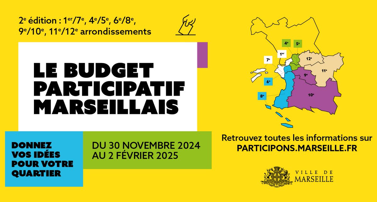 #VosQuartiers |  Marseille lance la 2e édition du Budget Participatif ! 
🙋‍♀️🙋‍♂️ Participez à la transformation de votre quartier  Proposez et votez pour des projets dans les domaines du sport, culture, nature en ville, solidarité, etc. 🌳🎭🤝
🗓️ Rendez-vous ce soir à 18h au centre